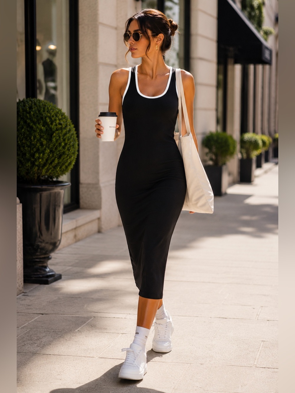 Black Contrast Trim Racerback Midi Dress Women M Athletic Chic